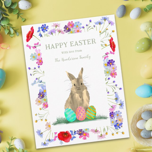 Cartão De Festividades Ovos de felz pascoa e coelhinhos cortantes (Personalized happy easter cute bunny watercolor wildflower meadow floral holiday greetings card)