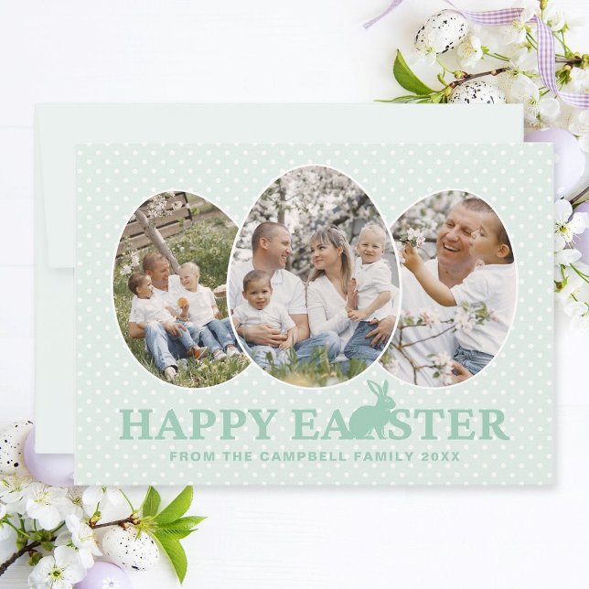 Cartão De Festividades Ovos de Fotografias de Bunny Pastel Mint, Felz pas (Easter family photo collage card with 3 egg-shaped photo frames, pastel mint text and bunny.)