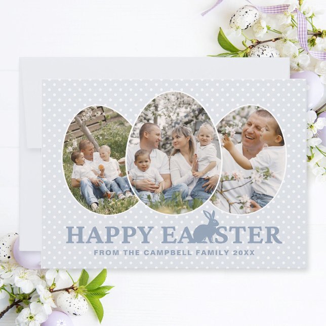 Cartão De Festividades Ovos de Fotografias Personalizados do Coelho Azul  (Easter family photo collage card with egg-shaped photo frames, dusty blue text and bunny.)