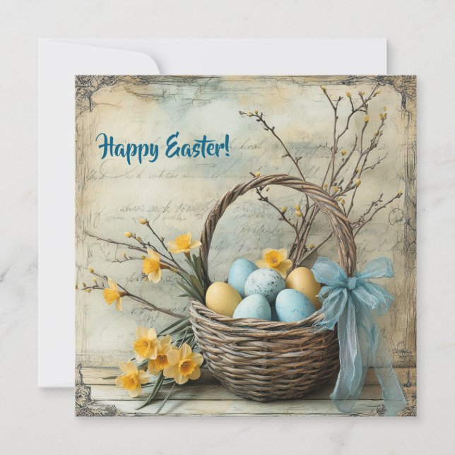 Cartão De Festividades Ovos de Páscoa azuis e amarelos e narcisos (Frente)