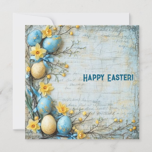 Cartão De Festividades Ovos de Páscoa azuis e amarelos e narcisos (Frente)