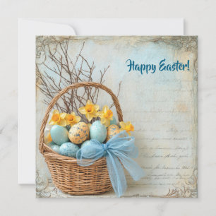 Cartão De Festividades Ovos de Páscoa azuis e amarelos e narcisos