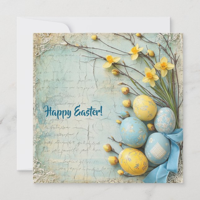 Cartão De Festividades Ovos de Páscoa azuis e amarelos vintage e narcisos (Frente)