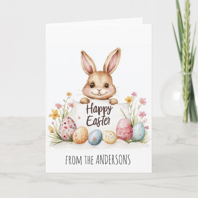 Cartão De Festividades Ovos de Páscoa e coelhinho fofo ao fundo (Frente)