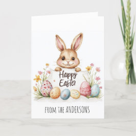 Cartão De Festividades Ovos de Páscoa e coelhinho fofo ao fundo