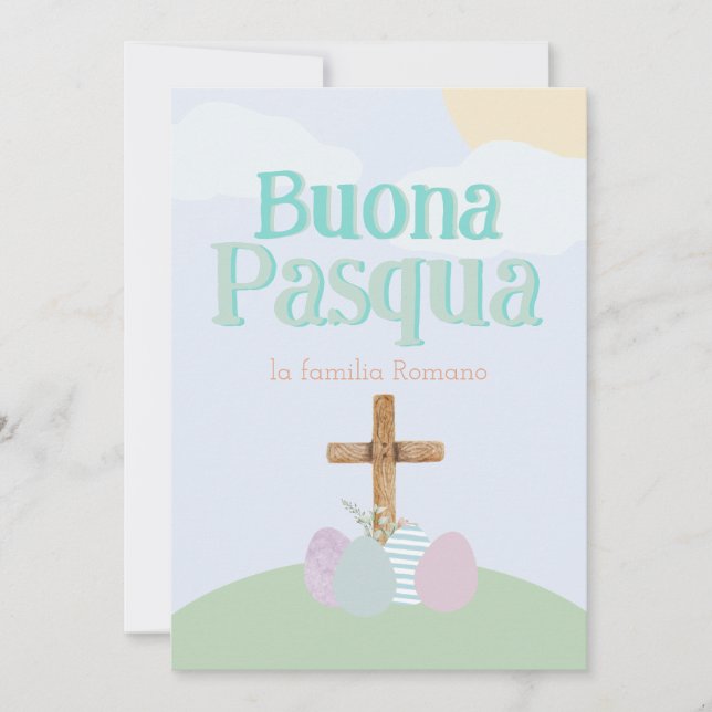 Cartão De Festividades Ovos de Páscoa e Cruz de Buona Pasqua Pastel Itali (Frente)