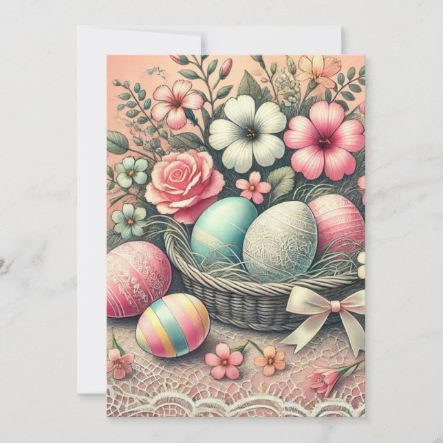 Cartão De Festividades Ovos de Páscoa florais flores renda aquarela paste (Frente)
