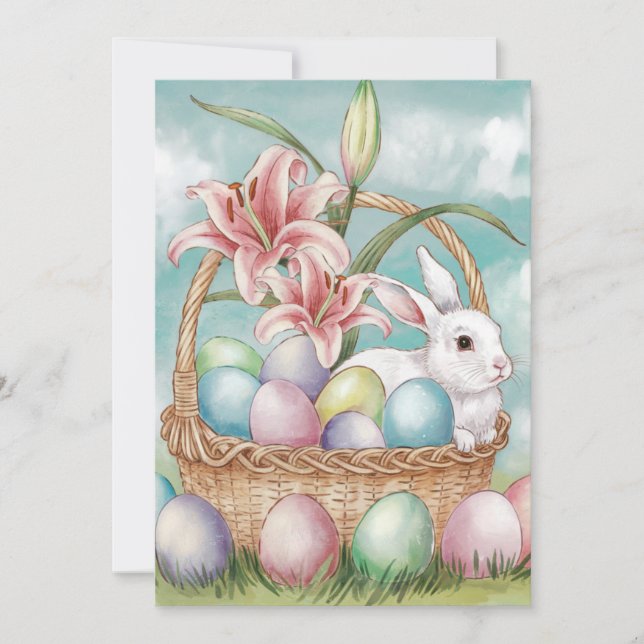 Cartão De Festividades Ovos em Aquarela e Pastel Lily com Coelho na Cesta (Frente)