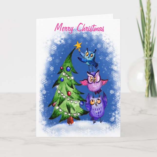 Cartão De Festividades OWl`s Christmas blue (Frente)
