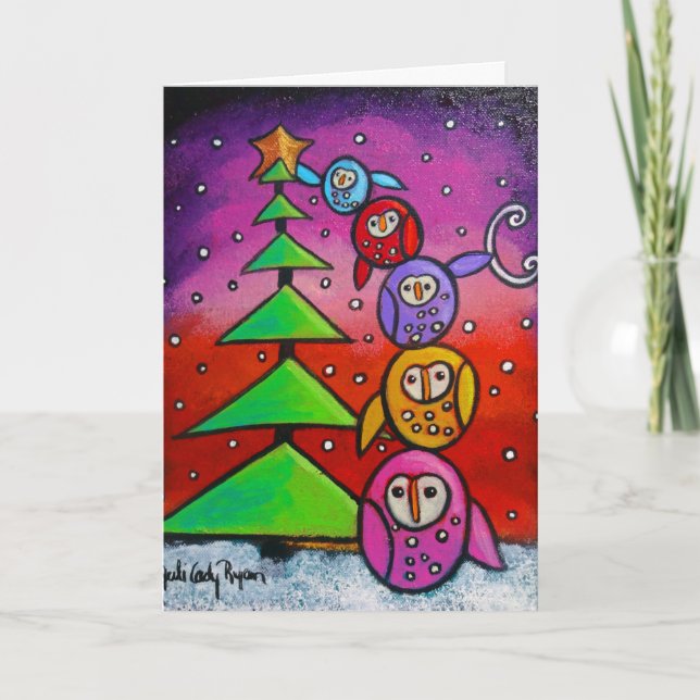 Cartão De Festividades Owls and Evergreen Christmas Card (Frente)