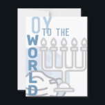 Cartão De Festividades Oy Para O Mundo Feliz Hanukkah Blue Menorah<br><div class="desc">todo o texto nesta placa é modelado,  de modo que pode ser mudado facilmente se você quiser. isto obviamente inclui a assinatura no verso também. a frente apresenta gráficos de um globo opaco vestindo uma máscara no fundo,  e um contorno da menorah prateada no canto inferior direito</div>