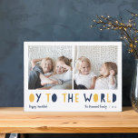 Cartão De Festividades Oy to the World | 2 Foto Chanucá<br><div class="desc">O cartão com fotos de Chanucá Whimsical apresenta duas das suas fotos favoritas em formato quadrado alinhadas lado a lado. "Oy to the World" aparece abaixo em letras azuis e amarelas ouros. Personalize com seu nome ou nomes de família, saudação personalizada e o ano na parte inferior. Um cartão hanucá...</div>