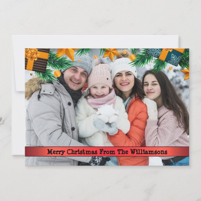 Cartão De Festividades Pacotes Xmas Pine Boughs Foto de Natal do Quadro (Frente)