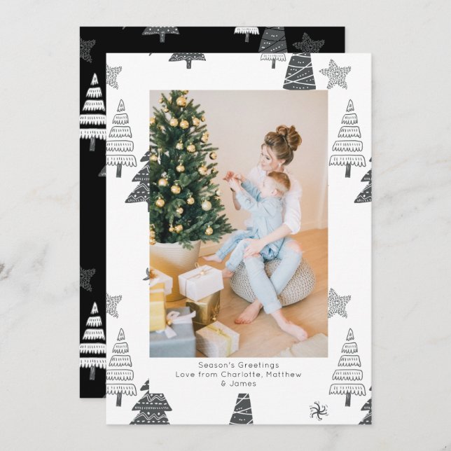 Cartão De Festividades Padrão Branco Preto das Árvores de Natal Personali (Frente/Verso)