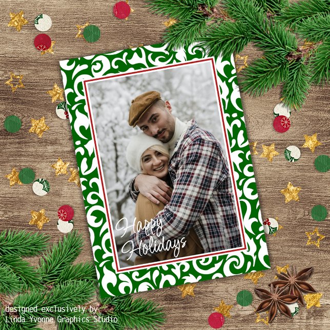 Cartão De Festividades Padrão de Arte Floral do Damasco Verde Verde Escur (Criador carregado)