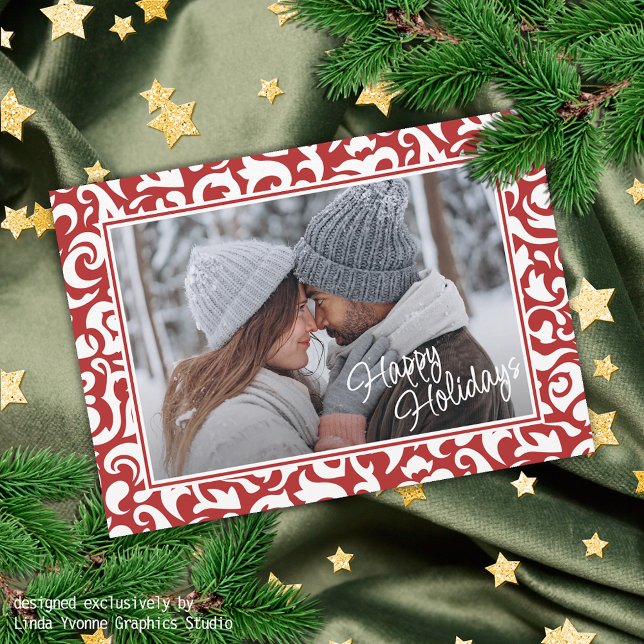 Cartão De Festividades Padrão de Arte Floral do Damasco Vermelho Branco E (Criador carregado)