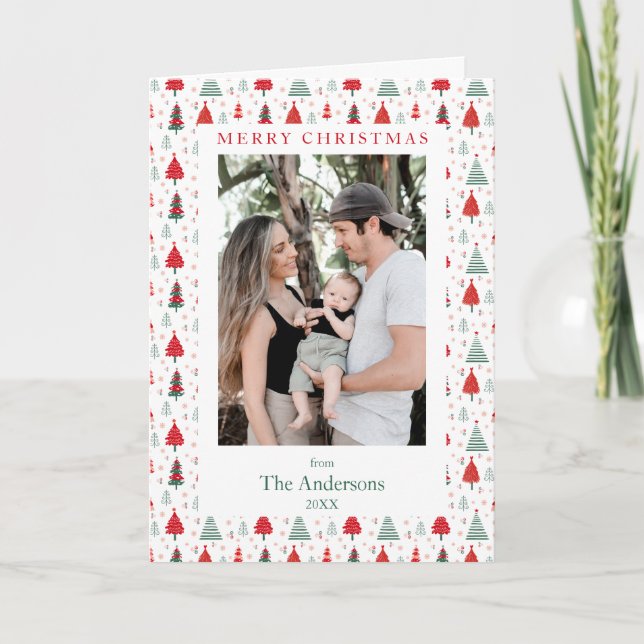 Cartão De Festividades Padrão de Árvore Festiva Duas Foto Natal Nórdico (Frente)
