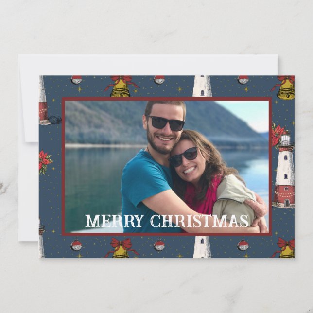 Cartão De Festividades Padrão de Farol Costeiro de Natal náutico (Frente)