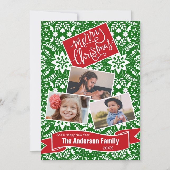 Cartão De Festividades Padrão de Feriado Floral do Green White Folk (Frente)