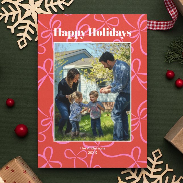 Cartão De Festividades Padrão de Fita Vermelha e Rosa Foto Ousada (Criador carregado)