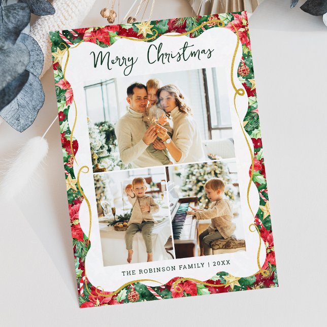 Cartão De Festividades Padrão de Folhagem de Poinsettia Natal 3 Foto (Criador carregado)