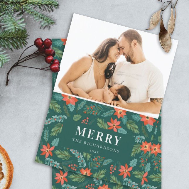 Cartão De Festividades Padrão de Natal mais alegre da Poinsettia Verde Fo (Criador carregado)