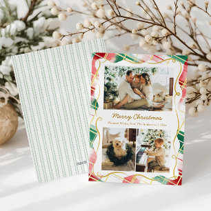 Cartão De Festividades Padrão de Xadrez Verde Vermelho de Foto do Natal E