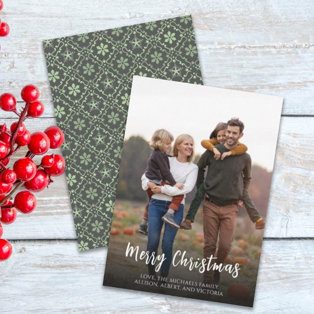 Cartão De Festividades Padrão Elegante do Floco de Neve Verde de Natal (Criador carregado)