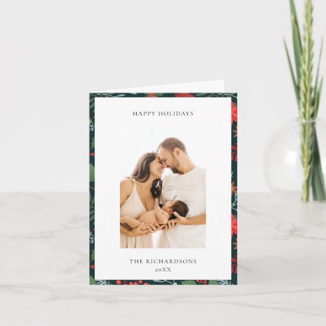 Cartão De Festividades Padrão Floral de Natal Marrom Verde Foto Feliz (Frente)