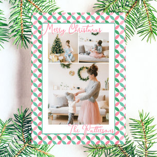 Cartão De Festividades Padrão Retro Rosa e Verde Menta 3 Foto Natal