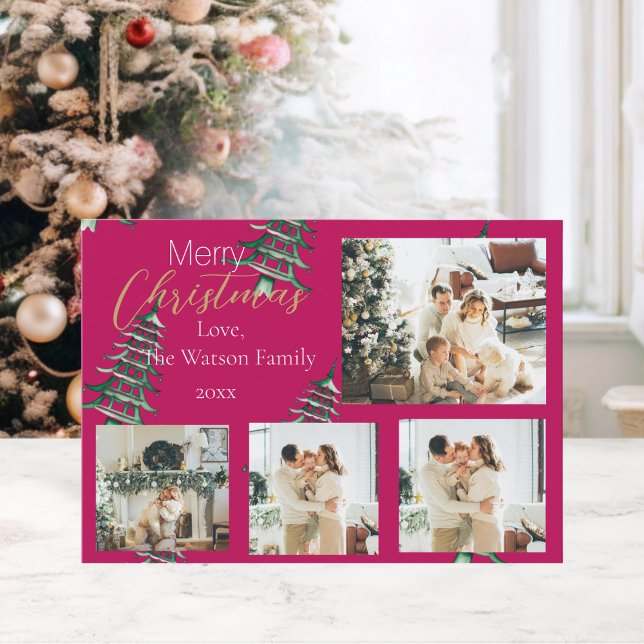 Cartão De Festividades Pagodas Árvores 5-Foto de Natal Verde Vermelho (Red Green Christmas Pagoda Trees 5-Photo Holiday Card)