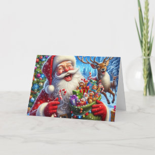 Cartão De Festividades Pai Natal e Rena Carta de Natal Doblada