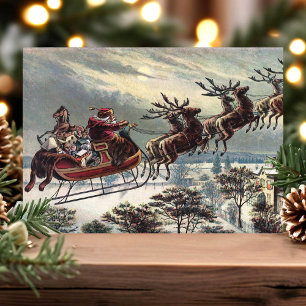 Cartão De Festividades Pai Natal Vintage Retro Trenó dos Rena