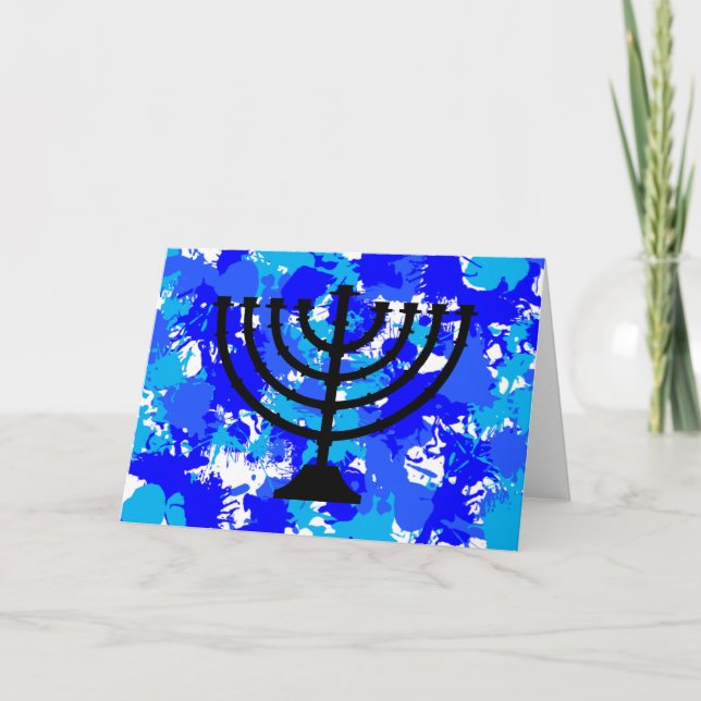Cartão De Festividades Paint Splatter Blue Menorah (Frente)
