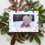 Cartão De Festividades Painterly Watercolor Botanicals Holiday Photo<br><div class="desc">Spread some holiday cheer with this festive Christmas design featuring a watercolor woodland botanical background of red berries,  pine cones,  holly and poinsettias.  Add your photo and custom greeting to make it a truly special card.</div>