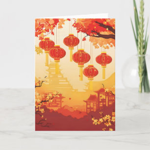 Cartão De Festividades Paisagem chinesa vermelha e Dourada