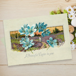 Cartão De Festividades Paisagem da Páscoa de Vintage e Esqueça-me-Nots