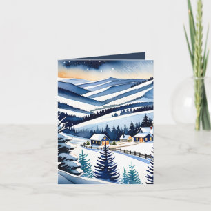 Cartão De Festividades Paisagem da Vila de Montanha Snowy em Watercolor