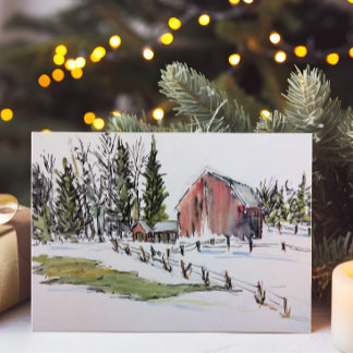 Cartão De Festividades Paisagem de Aquarela Vermelha Inverno
