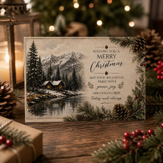 Cartão De Festividades Paisagem de Cabana Rústica na Montanha Natal |