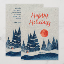 Cartão De Festividades Paisagem de Inverno Floresta Lua Laranja Azul Nava
