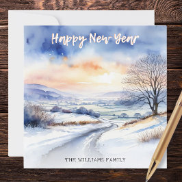 Cartão De Festividades Paisagem de Neve de Inverno em Aquarela Ano Novo F