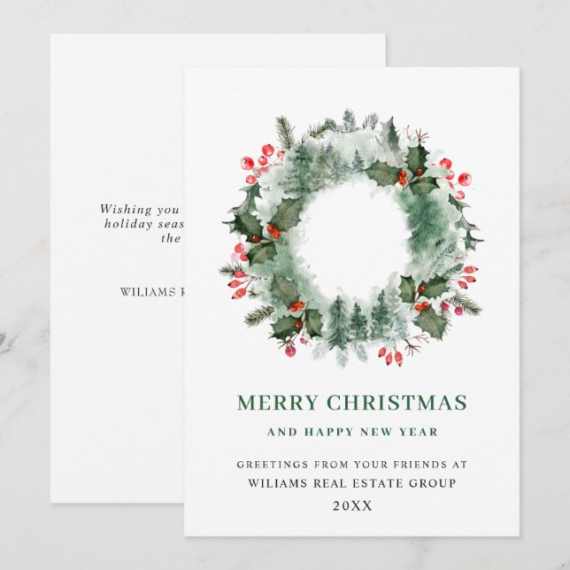Cartão De Festividades Paisagem Terra Holly Berry Pine Natal (Frente/Verso)