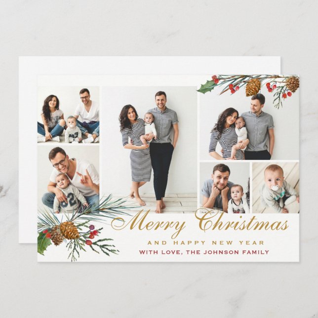 Cartão De Festividades Palheiro de Natal Elegante Cones 6 Foto Saudação (Frente/Verso)