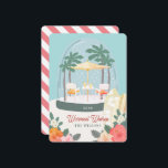 Cartão De Festividades Palm Tree Beach Chairs Snow Globe<br><div class="desc">Este cartão de Natal bonito apresenta um globo de neve com cadeiras de praia,  guarda-chuva,  coquetéis e palmeiras. O verso apresenta um fundo branco com faixas diagonais cor-de-rosa. Personalize-o para as suas necessidades. Você pode encontrar produtos correspondentes na minha loja.</div>