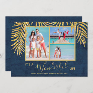 Cartão De Festividades Palmas no Natal da Colagem de Fotos Azul