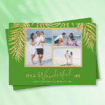 Cartão De Festividades Palms Photo Collage Christmas Holiday Cards<br><div class="desc">Three photos accented with faux gold glitter palm fronds on a Christmas green background (see more colors in our store), these holiday Christmas photo cards have "It's A Wonderful Life", or any greeting you choose, and your names on the bottom in chic lettering. Select Matte for heaviest paper and High...</div>