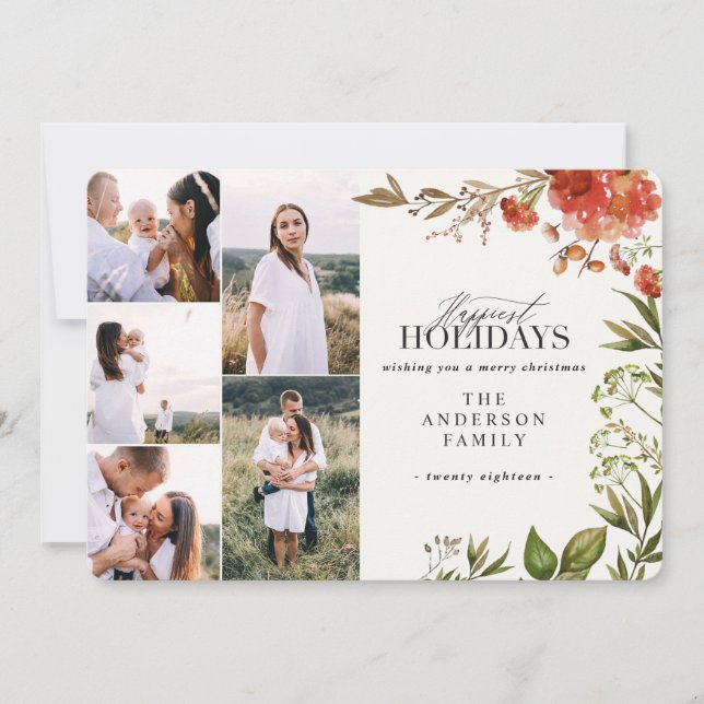 Cartão De Festividades Pancada de folhagem aquosa multifoto Natal (Frente)