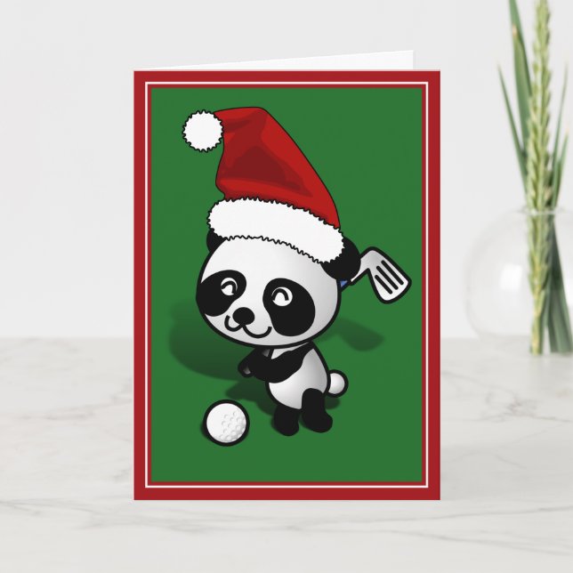 Cartão De Festividades Panda Bear Golfing de Natal (Frente)