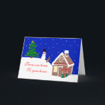 Cartão De Festividades Pão de Gengibre Casa e Cachorro na Neve<br><div class="desc">Um cartão de boas-vindas do artista d.roban. Uma árvore de Natal, um boneco de neve e um cachorro pulando em flocos de neve. Uma casa de pão de gengibre decorada com doces e gelo. "Da nossa casa até à sua casa... " e Feliz Natal, fazem o cartão perfeito para você!...</div>